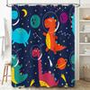 Space-themed shower curtain featuring colorful dinosaurs, perfect for a child's bathroom! Made with waterproof polyester fabric