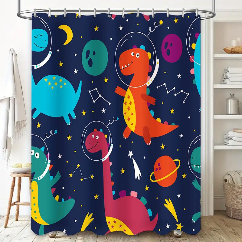 Space-themed shower curtain featuring colorful dinosaurs, perfect for a child's bathroom! Made with waterproof polyester fabric