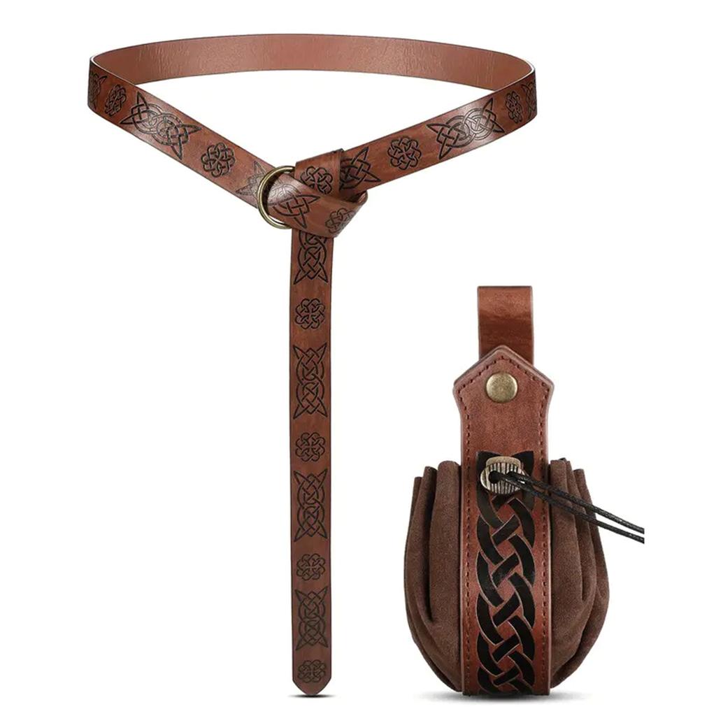 Medieval Embossed Waist Belt Bag Set for Men Women Vintage Knights Costume Circular Waistband Coin Purse Cosplay Decors