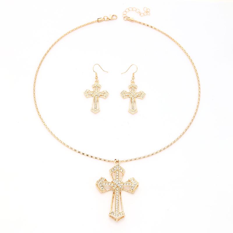 European & American Retro Full Diamond Cross Necklace & Earrings Set