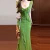French lotus leaf edge green floral suspender dress children's summer new seaside vacation beach dress