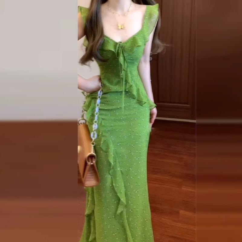 French lotus leaf edge green floral suspender dress children's summer new seaside vacation beach dress