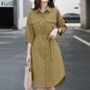 Women Casual Turn Down Collar 3/4 Sleeve Loose Shirt Dress