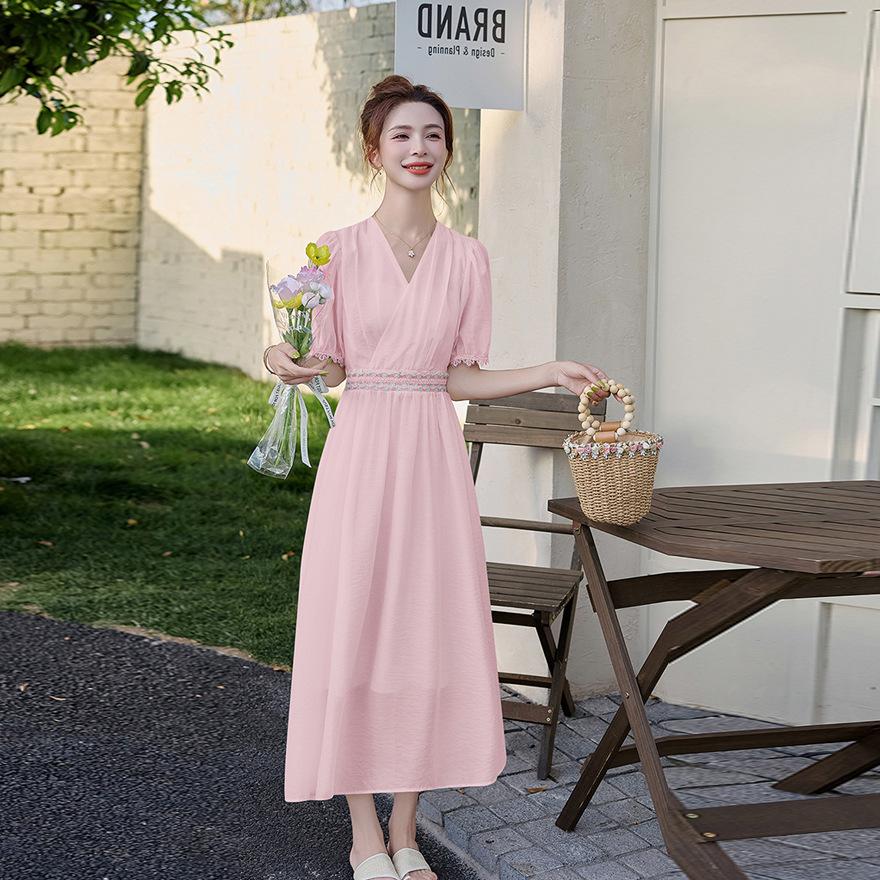 

Gentle wind dress women s summer new feminine temperament socialite lace splicing medium and long dress XL рожевий
