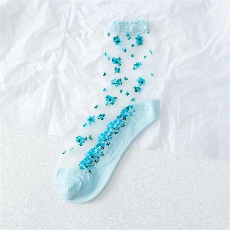 

5 пар эластичных носков из хрустального стекла, шелковые ультратонкие кружевные литературные распродажи, летние прозрачные жаккардовые короткие носки One Size синий