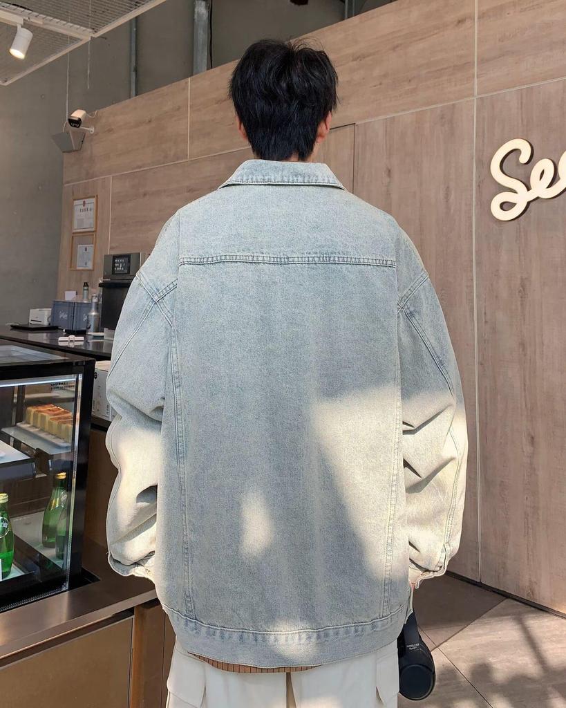 Men's Multi-Pocket Ripped Denim Jacket - Spring/Autumn, Trendy American Retro Street Style