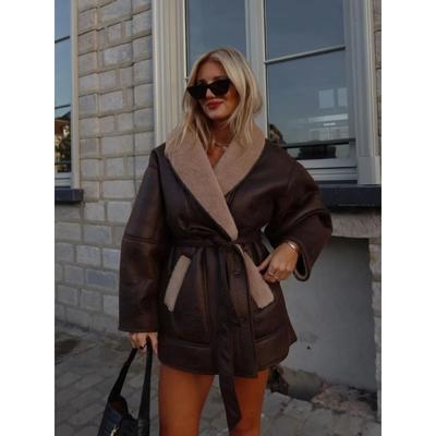 Winter Thick Plush Leather Jackets Women Office Single Breasted Turn-down Collar Overiszed Coat Female Long Sleeve Overcoat Tops