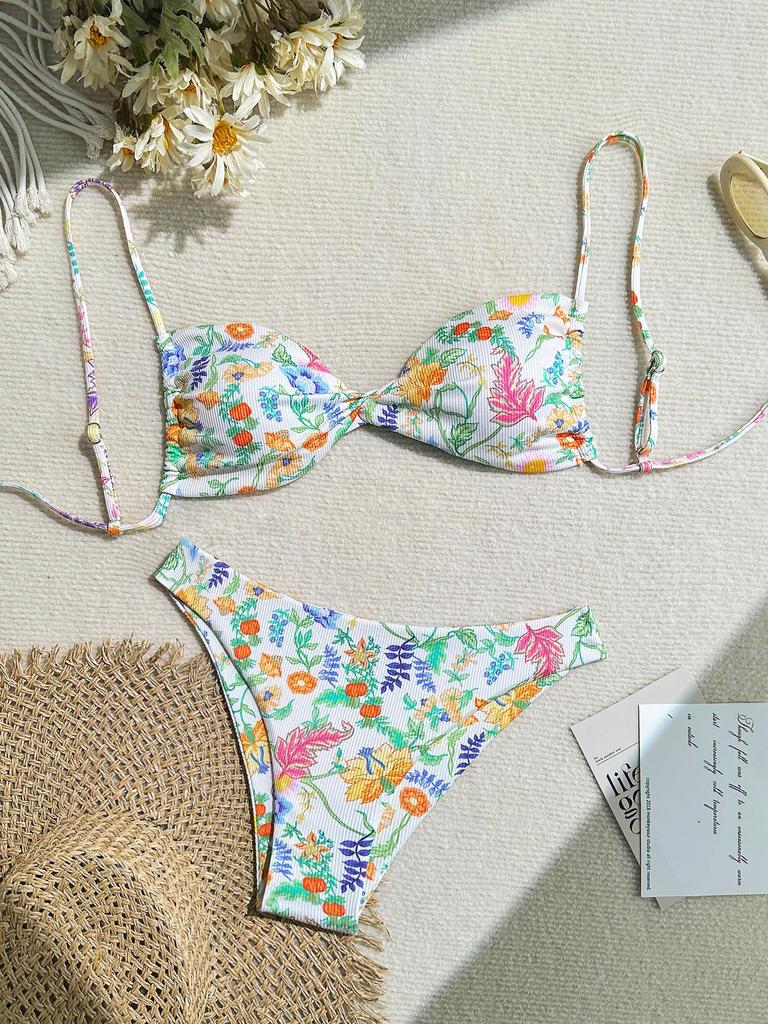 2024 European & American Floral Backless Sexy Two-Piece Bikini Swimsuit for Women