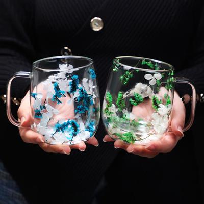 250ml Double Walled Glass Mug Clear Floral Wide Mouth Cup with Handle Insulated Coffee Tumbler for Coffee Tea Chocolates