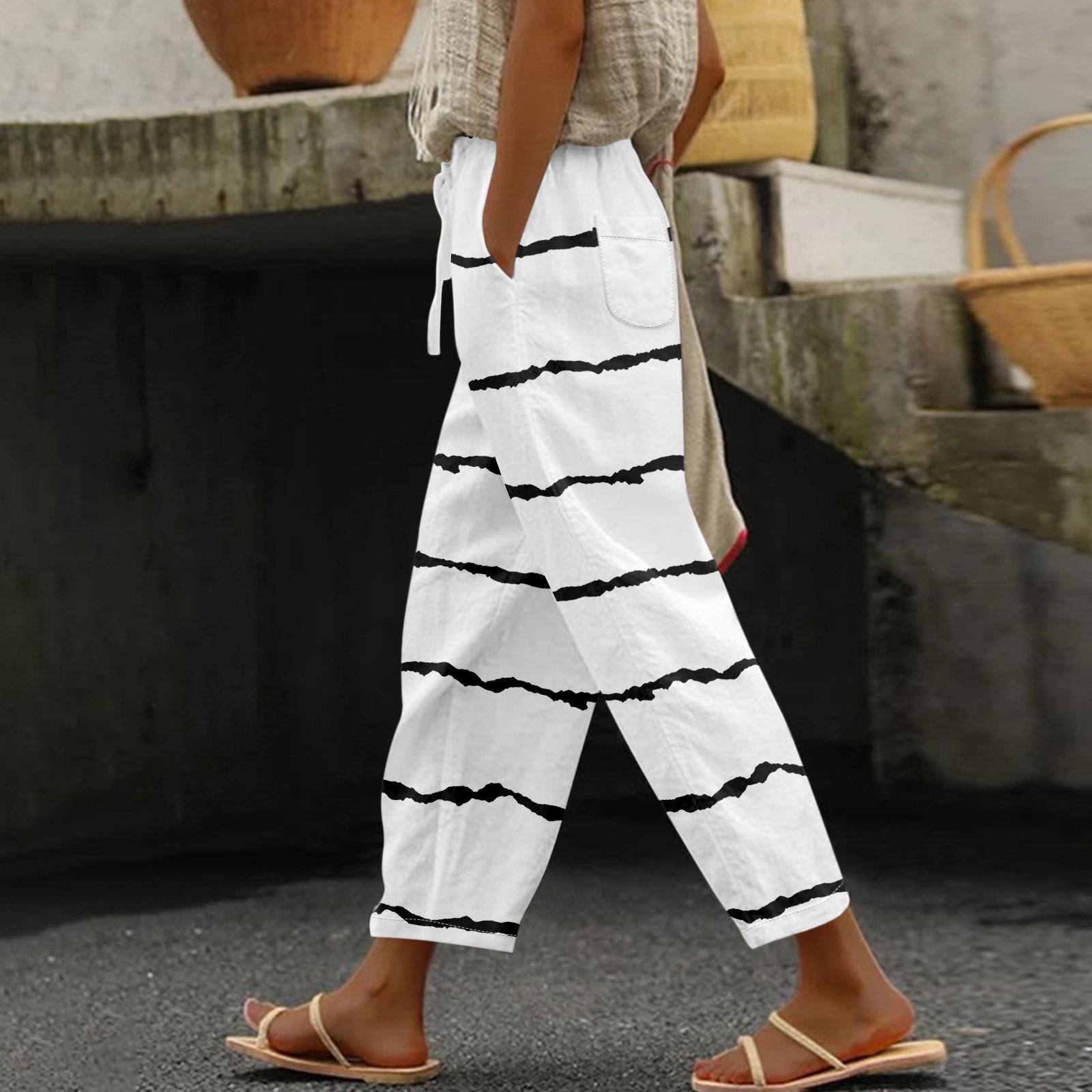 

Women s Casual Pants Fashionable Print Drawstring Pockets Elastic Waist Pants XXL білий