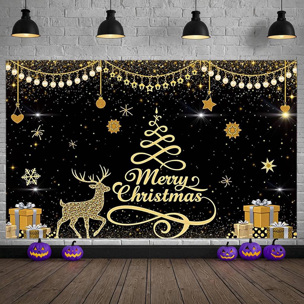 Merry Christmas Banner Xmas Theme Gold Christmas Banner Christmas Backdrop Reindeer Design For Office Party Xmas Decoration