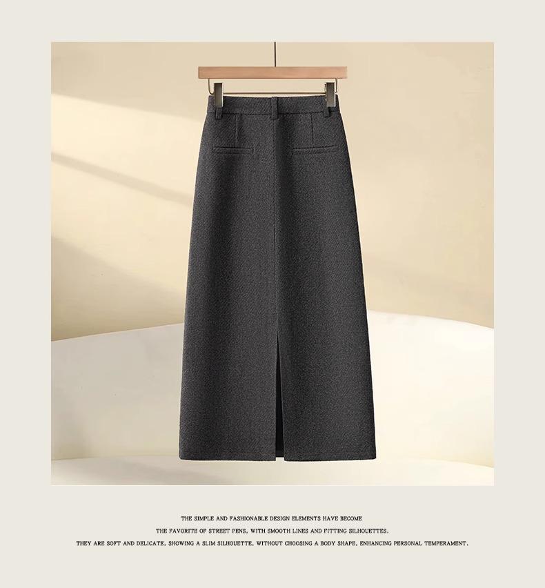 2024 New Women's Khaki Wool A-Line Midi Skirt with High Waist, Loose Fit, Slimming Slit, Perfect for Autumn/Winter.