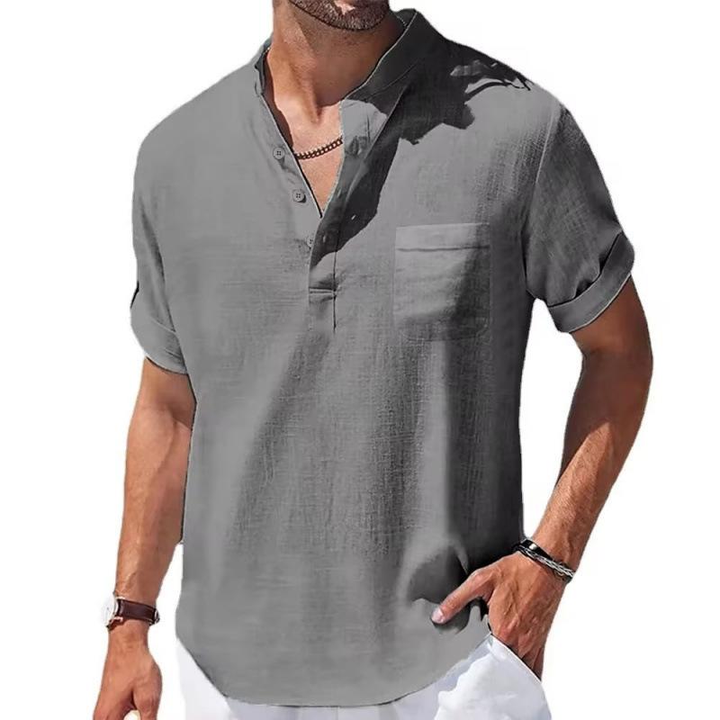 Summer New Cotton and Linen Short-sleeved T-shirt Stand-up Collar Men's Simple Casual Shirt White Gray Black