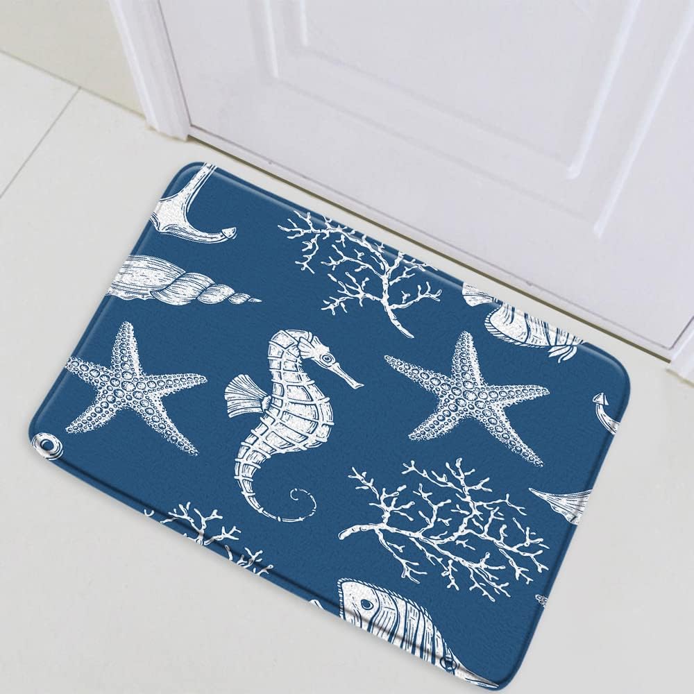 Seahorse Area Rug Coastal Seaside Seahorse Starfish Coral Shell Pattern Nautical Beach Themed Map Carpet for Living Room Kitchen