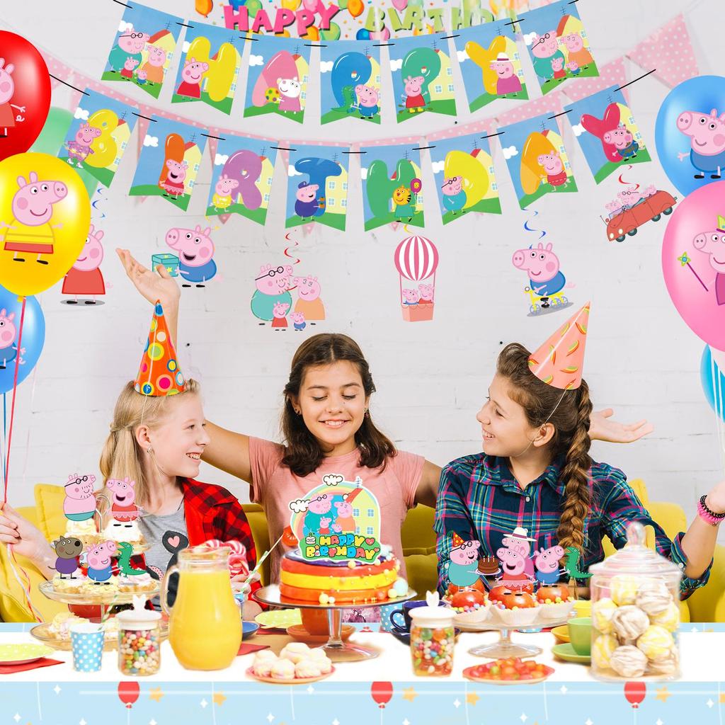 35Pcs Cartoon Party Decorations Set, Cartoon Birthday Party Supplies-Cartoon Birthday Decors Banners Tablecloth Spirals&Cartoon Balloons Cake Toppers