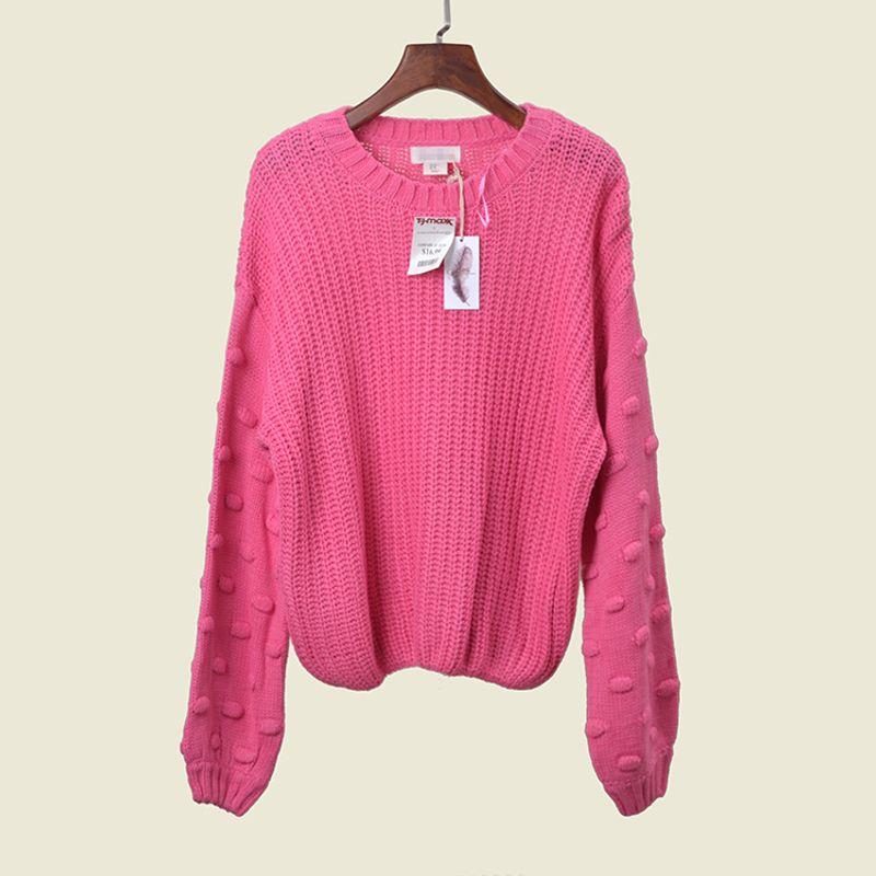 

Foreign Trade Original Order round Neck Lantern Sleeve Loose Version Sweater Fashion Rose Red Pullover Fall and Winter Base Knitwear Pink L