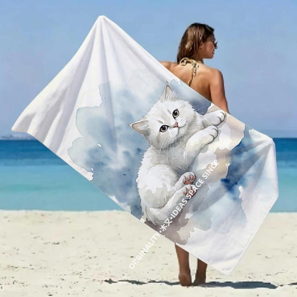 Watercolor Cute Cat Beach Towel Patterned Sunscreen And Windproof Suitable For Swimming Pool Camping Travel Blanket