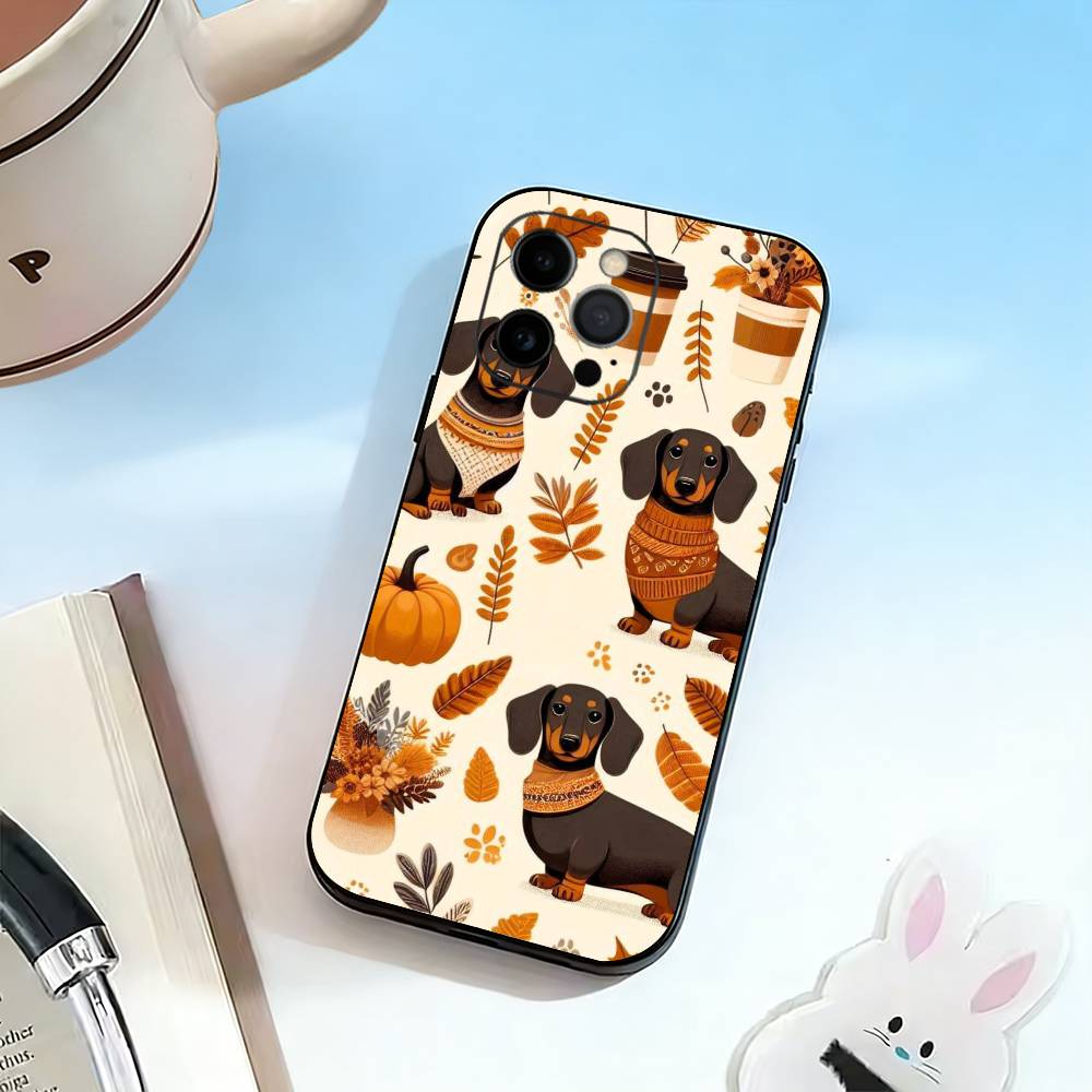 Cane Autunno Bassotto Custodia per Telefono Per iPhone 17, 16,15,14,13,12,11 Plus,Pro Max, Altri Morbida Cover Nera