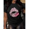 European Size Women'S Black Smooch Lip & Leopard Print Graphic T-Shirt - Soft Pink Lips Design, Retro Style Casual Short Sleeve Round Neck Tee