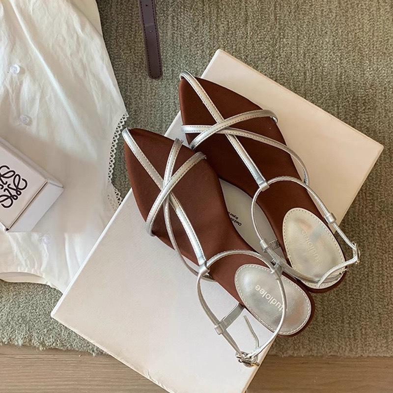 Sheepskin Version~ Retro Leather Cross Strap Roman Sandals Women's Summer Wear French Small Wedge Heel Pointed Sandals