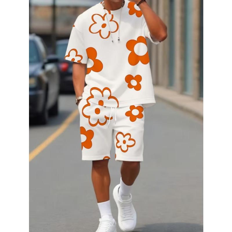 Urban Street Fashion Trend Men's Round Neck Short Sleeved Shorts Set, Outdoor Simple Casual and Comfortable