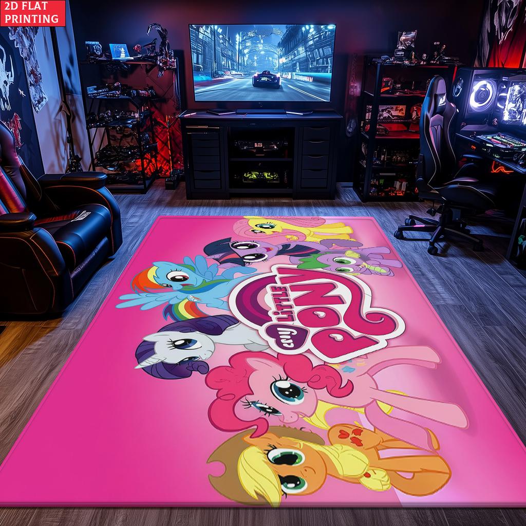 Cute Cartoon Pony Area Rug, Pink Character Group Theme Non-slip Mat, Decorative Carpet for Kids Girls Bedroom, Washable Gift