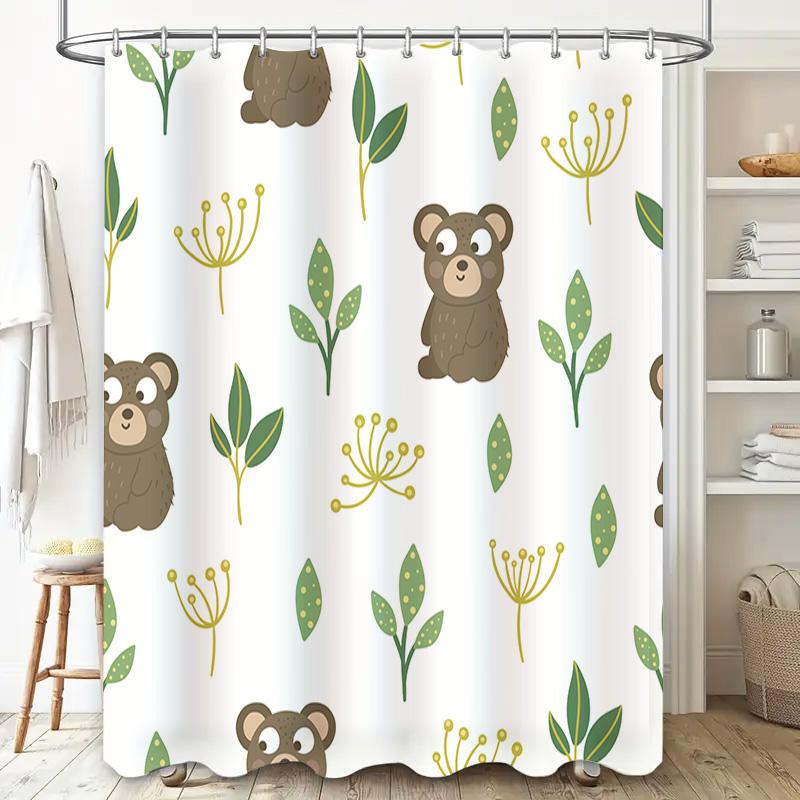 Adorable Brown Bears Leaves Shower Curtain Green White Decor for Bathrooms Easy Install Hookless Design