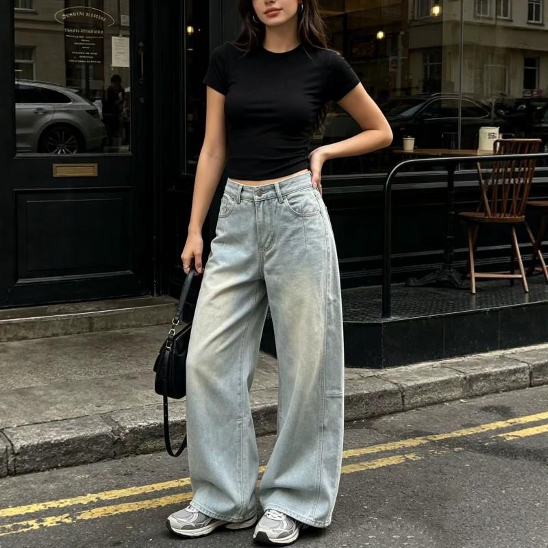 Womens High-Waisted Wide-Leg Straight Cut Denim Jeans Water Washed Comfort Fit Casual Office Wear