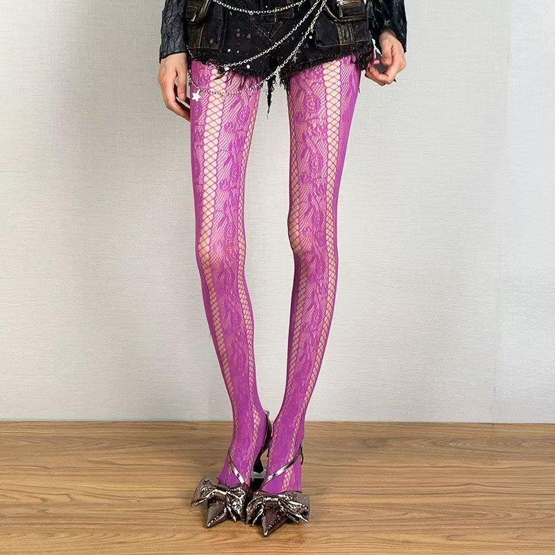 Neue Sexy Gestreifte Vertikal Gemusterte Strumpfhose für Damen mit Spitze Ausgeschnittenes Netz-Strumpfhose Jk Atmungsaktive Netzstrümpfe One Size pink