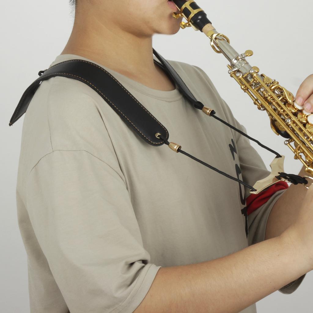 Saxophone Strap Adjustable Sax Black Leather Foldable Double Shoulder Strap Belt for Alto/Tenor/Soprano Saxophone Accessories