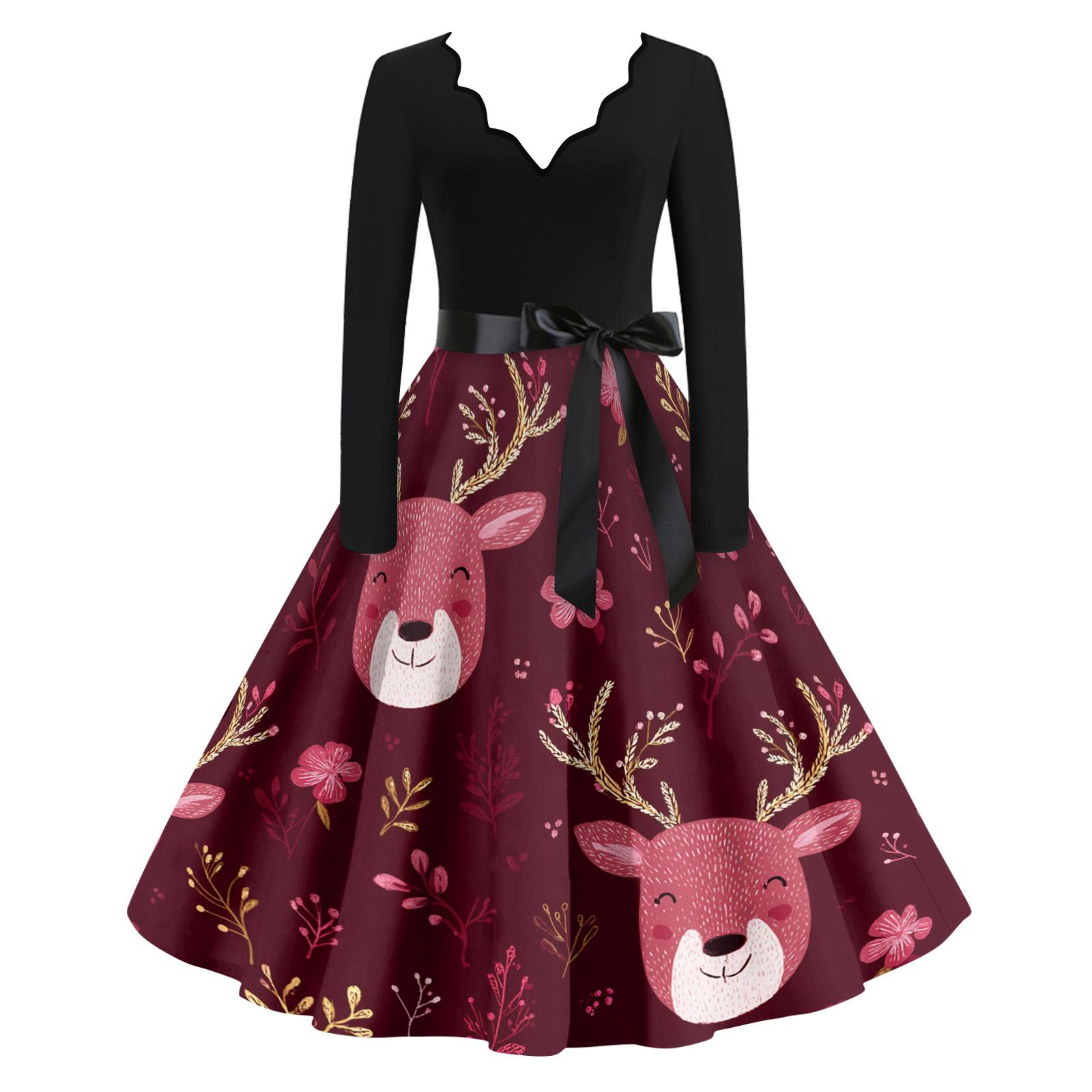 

Женское повседневное модное платье с V-образным вырезом и рождественским принтом в винтажном стиле XXL киноварь