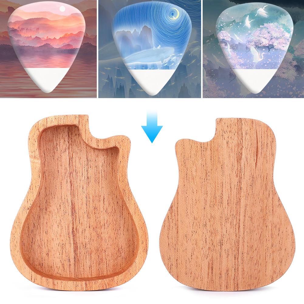 Wooden Guitar Pick Box Mahogany Guitar Shape Picks Case Musical Instrument Accessories