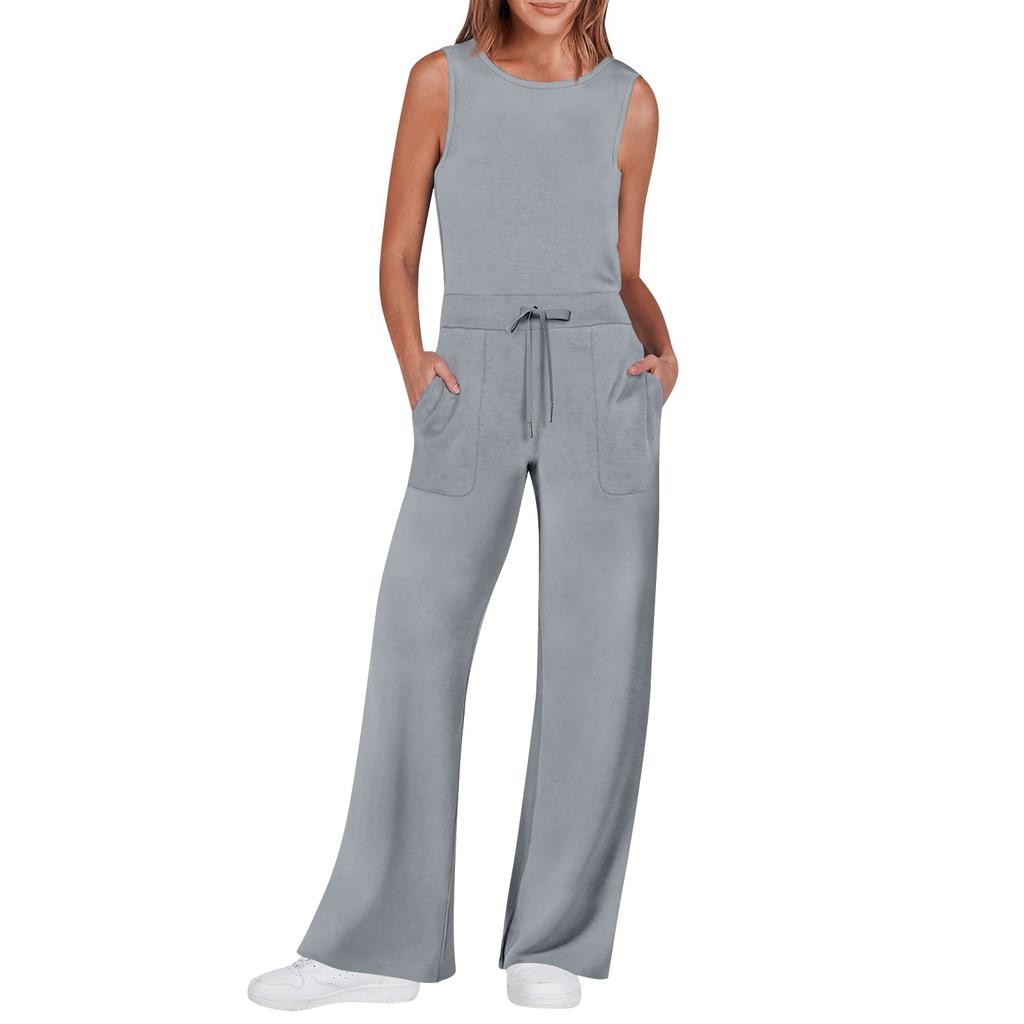 Lässiger, vielseitiger, ärmelloser, einfarbiger, gerader Schlauch-Jumpsuit für Damen