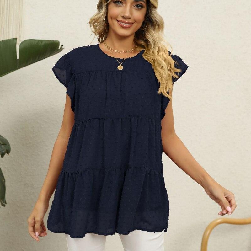 

2023 модная жаккардовая блузка, повседневная свободная летняя рубашка с коротким рукавом, женские топы с круглым воротником, сращенная одежда Blusas 25107 M королевский синий