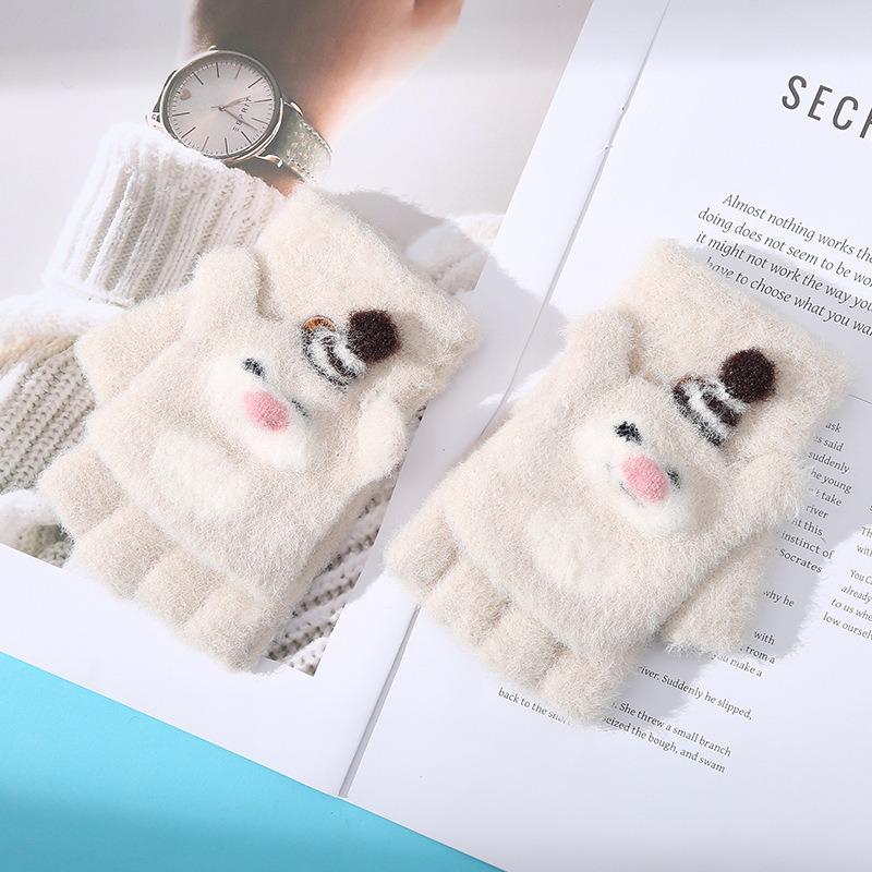 

New cartoon raccoon children s thermal gloves winter cold protection thickened little girl writing half finger flip five fingers Recommended 3-8 years old бежевый