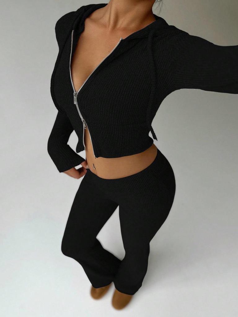 European and American Style Women's Hooded Zipper Sweatshirt and Sweatpants Set - Autumn/Winter Collection