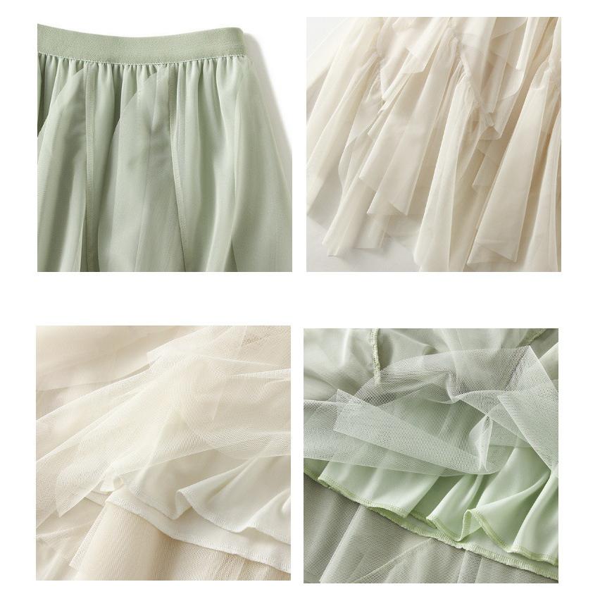 Women's Lotus Leaf Edge A Line Fairy Elastic Waist Tulle Skirt Midi High Waist Mesh Dress Solid Color Irregular Yarn Skirt