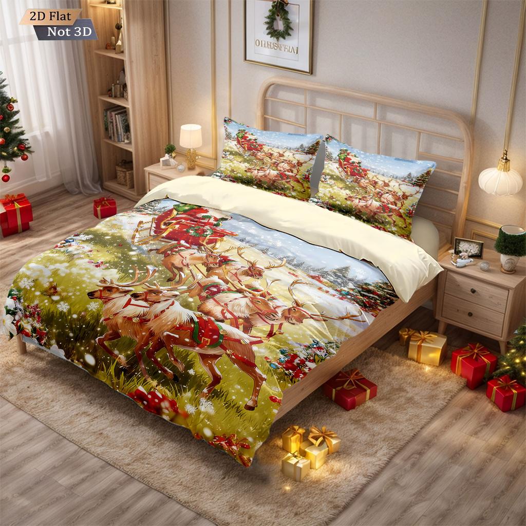 3pcs Christmas Reindeer Print Coreless Duvet Cover Set Multi Size Soft Bedroom Bedding Holiday Decoration Machine Washable