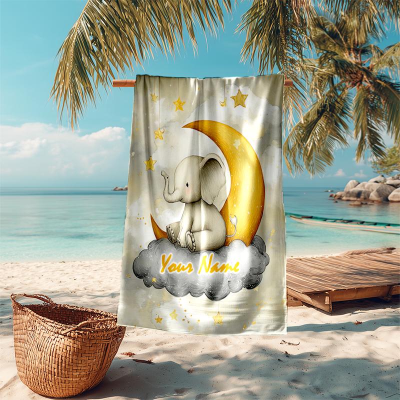 1PC Custom Name Elegant Elephant Moon Night Beach Towel Highly Absorbent And Sand-Resistant Towel for Swimming, Pool, Yoga, And Travel Lightweight