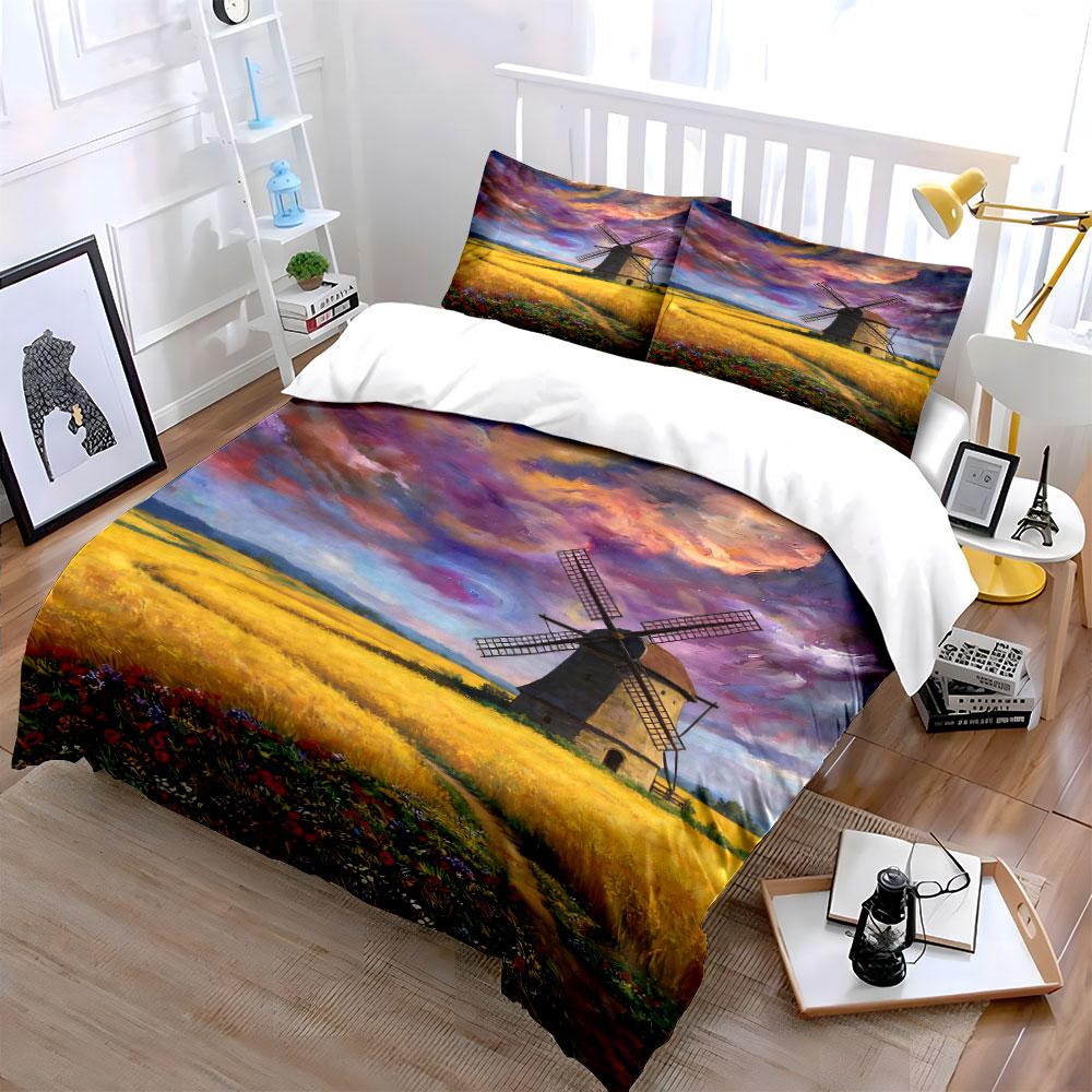 Windmill and field landscape. Bedding sets Duvet cover sets Duvet covers Pillowcases(1 * Duvet Cover 2 * Pillowcases without duvet insert)