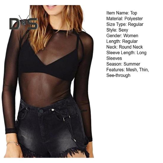 Women Club Top See Through Ultrathin Mesh Long Sleeve Solid Color Soft Breathable Round Neck Pullover Elastic Slim Fit Punk Beach Top