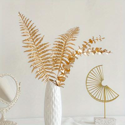 Gold Artificial Leaf Sticks Fake Plants Golden Plastic Leaf Fake Rose Leaves Faux Plant Bushes Artificial Plants for Indoor Outdoor Home