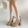 Butterfly-knot Thick Heel Women Mary Jane Shoes Fashion Pearl Ankle Strap Shoes Ladies Outdoor Dress Pumps