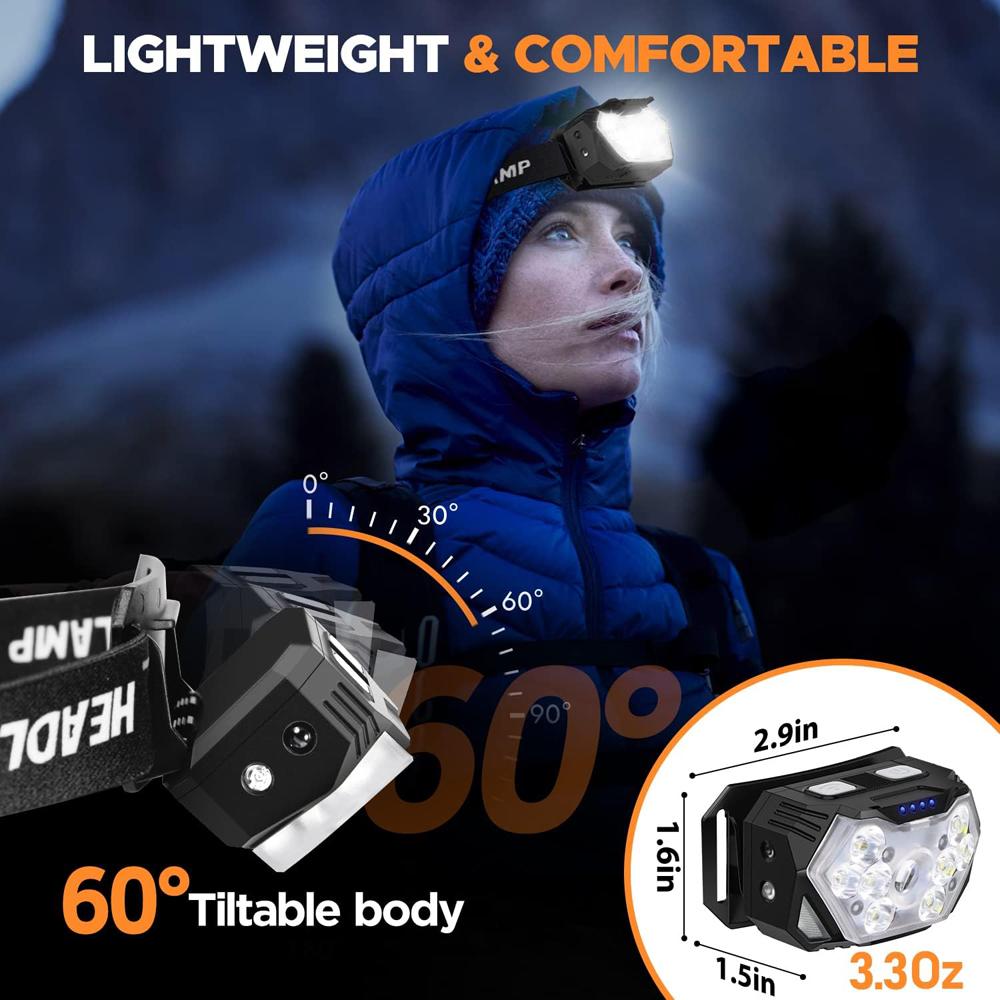 2000LM Ultra Bright 9 LED Headlamp USB C Rechargeable Headlight 10 Modes Waterproof Motion Sensor Head Lamp Work Flashlight