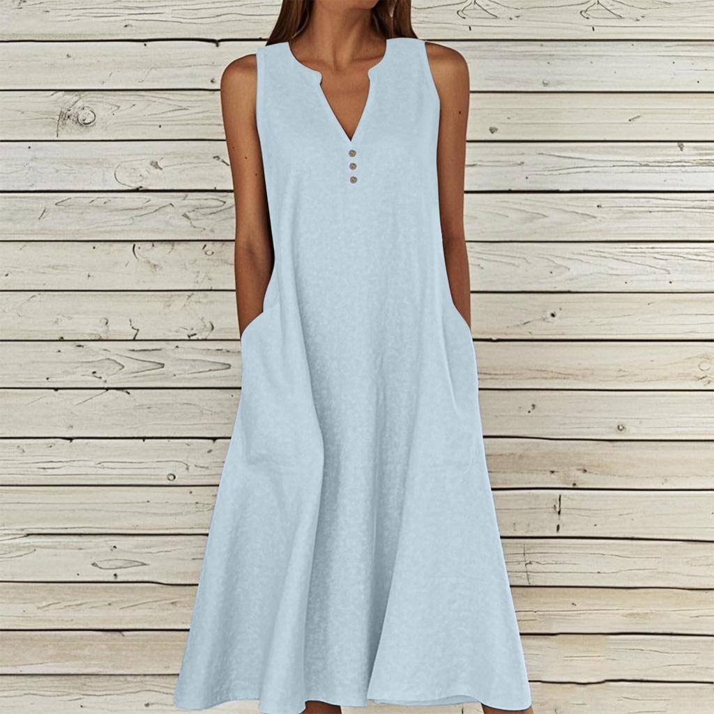 Women's Summer Casual V-neck Button Solid Color Sleeveless Long Dress With Pockets