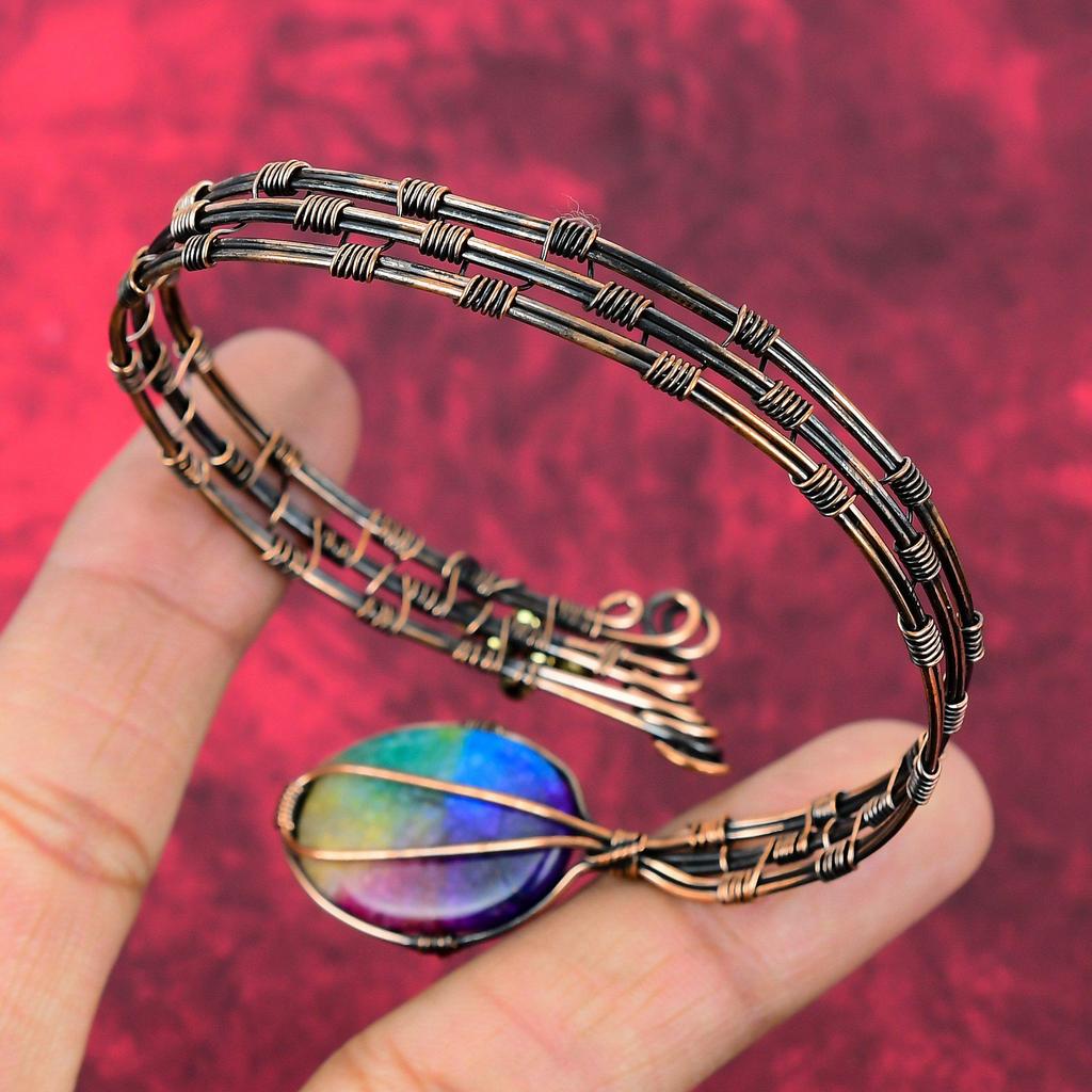 Rainbow Solar Quartz Druzy Bangle Copper Wire Wrapped Jewelry Adjustable Cuff Bracelet Handmade Copper Wire Bangle Gemstone Jewelry For Gift