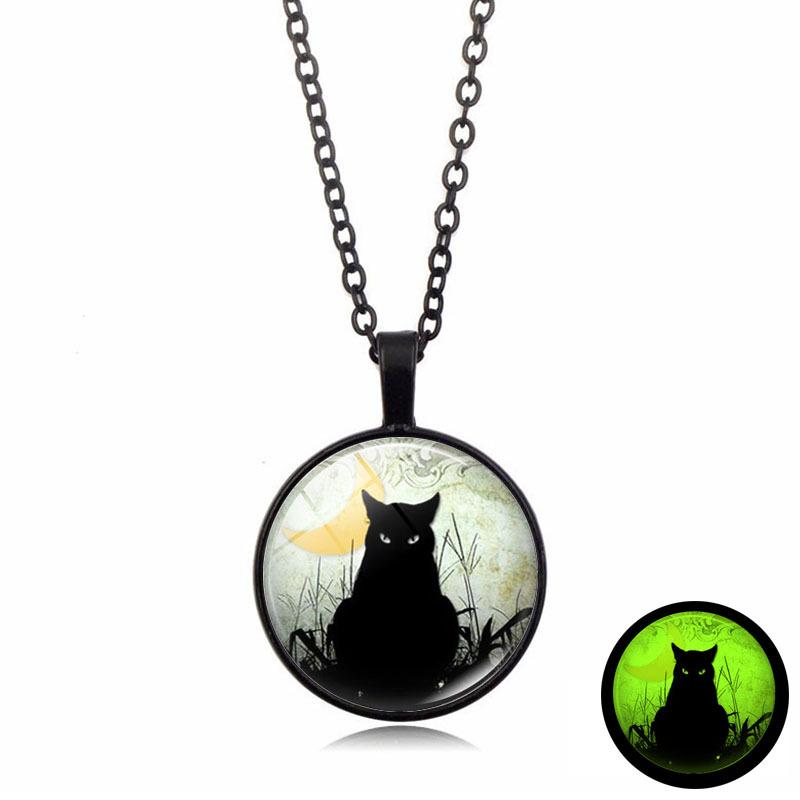Black Cat Under the Moon Luminous Women's Jewelry Luminous Crystal Glass Necklace Small Gift Pendant Necklace
