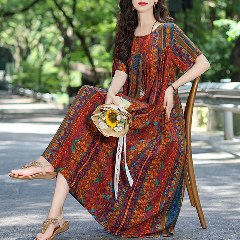 Elegant Summer Loose Dress Woman Vintage Clothes Plus Size Casual Short Sleeve Long Dresses