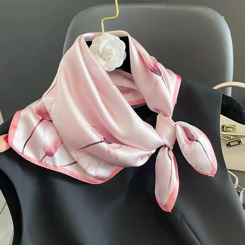 New romantic tulip silk scarf simulation silk scarf women's spring and summer thin neck protection decorative scarf 71cm small square scarf