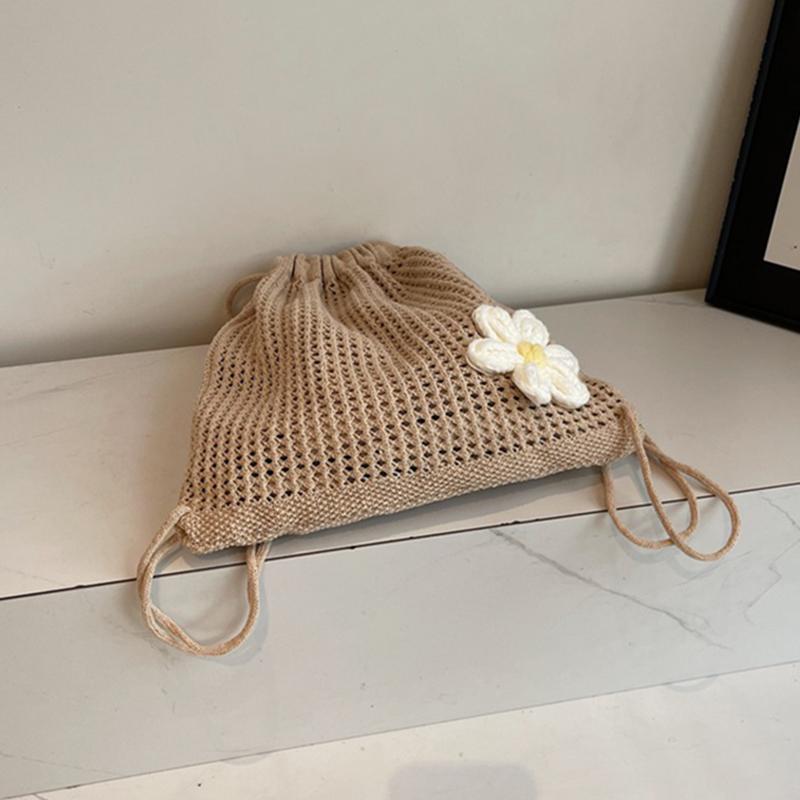 Yogodlns Fashion Solid Color Floral Decor Crochet Shoulder Bag Woven Women Beach Holiday Bucket Hollow Out Large Capacity  Backpack